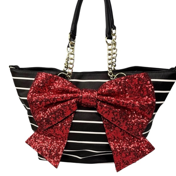 Betsey Johnson Handbags - Betsey Johnson Black & White Stripe Red Sequin Glitter Bow Snap Close Tote Purse